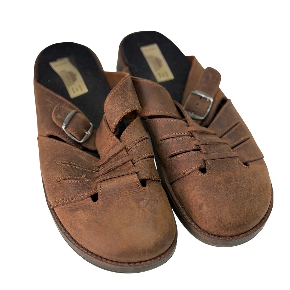 VTG Bjorndal Clogs Brown Leather Buckle Slip On Mules Womens 10 Spain Casualwear